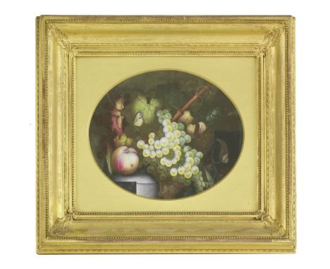 An English porcelain oval plaque,19th century, depicting a butterfly, fruiting grapes and a peach, on a marble shelf, 25 x 31