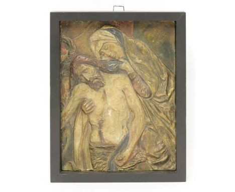 A museum replica painted plaster panel,19th century, depicting the Pietà in low relief after Tilman Riemenschneider,27.5 x 20