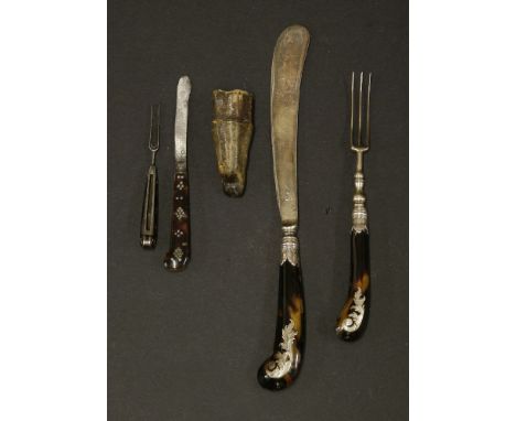 A tiny Georgian folding knife and fork,with tortoiseshell handles and dot inlay, in half a leather case,knife 10.5cm, anda kn