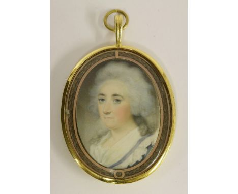 Attributed to John Barry (fl.1784-1827)PORTRAIT OF A LADY, BUST LENGTH, IN A BLUE DRESS WITH WHITE COLLARMiniature on ivory, 