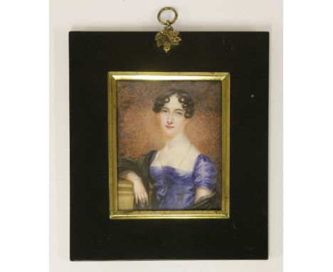 Attributed to Anne Mee (1770-1851)PORTRAIT OF A LADY, SAID TO BE LADY BYRON, HALF LENGTH, IN A BLUE DRESS, HER RIGHT ARM REST