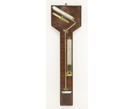 A mahogany barometer, with an angled tube and two silvered registers with a thermometer to the side, 92cm high