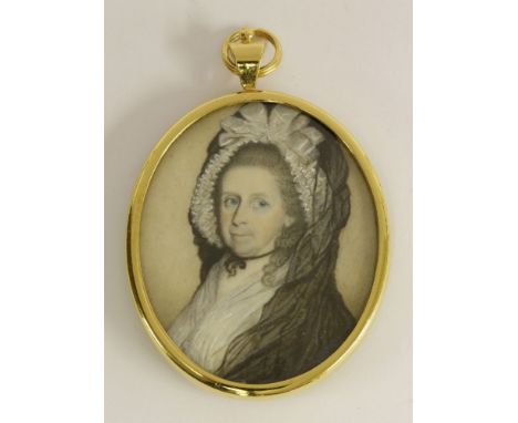 Circle of Jeremiah Meyer (1735-1789)PORTRAIT OF A LADY, BUST LENGTH, IN A WHITE BONNET AND BLACK SHAWLMiniature of ivory43 x 