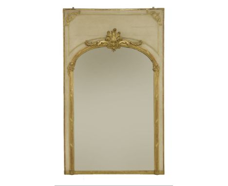 A large Edwardian trumeau mirror,the cream-painted surround with applied gilt details,107cm wide182cm high