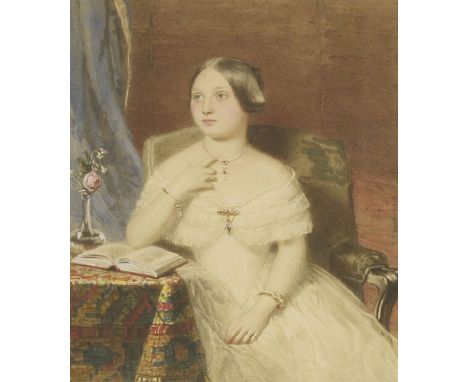 Charles James Basebe (1818-1880)PORTRAIT OF A GIRL, THREE-QUARTER LENGTH SEATED, IN A BLUE DRESS AND HOLDING A BOOKSigned and