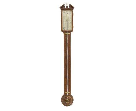 A mahogany and chequer strung stick barometer,the silvered rectangular register engraved 'John Conti fecit London', with a br