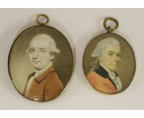 Follower of John SmartPORTRAIT OF A GENTLEMAN, BUST LENGTH, IN A RED COATMiniature on ivory36 x 30mm;and another,PORTRAIT OF 