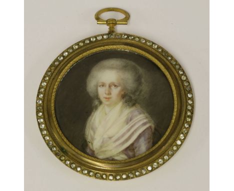 French School, late 18th centuryPORTRAIT OF A LADY, HALF LENGTH, IN A LILAC DRESS AND WHITE SHAWLMiniature on ivory, circular