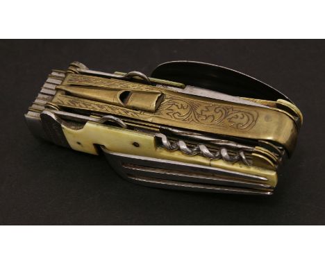 A multiple blade penknife,including a whistle, hacksaw, scissors, corkscrew,18 implements (the spoon and fork detachable)