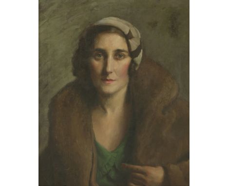 *Vincent Galloway (1894-1977) PORTRAIT OF A WOMAN, BUST LENGTH, IN A GREEN DRESS AND FUR COAT Signed l.l., oil on canvas 61 x