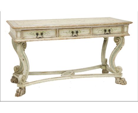 An Italian painted console table,20th century, in the late 17th century style, with three drawers, raised on scrolled support
