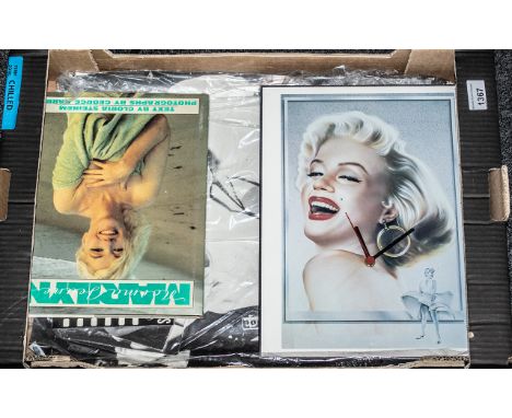 Marilyn Monroe Interest - collection of memorabilia comprising a Marilyn clock, measures 14" x 11", three vintage post cards 