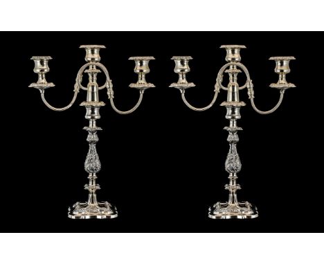 Antique Period 19th Century Fine Quality Impressive Pair of Old Sheffield Plate 3 Branch Candleabras which make into a pair o