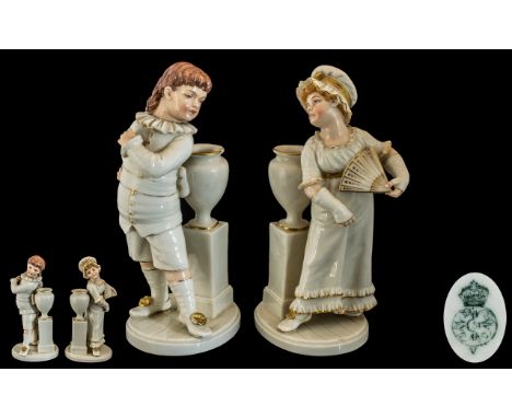 Royal Worcester Fine Pair of 19th Century Porcelain Figural Posy Vases. Date Letter for 1884, Green Worcester Stamps to Under