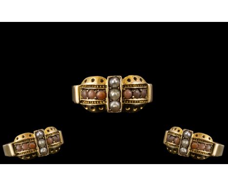 Antique Period - Attractive 15ct Gold Coral and Seed Pearl Set Ring, Interesting Design and Setting. Full Hallmark to Interio