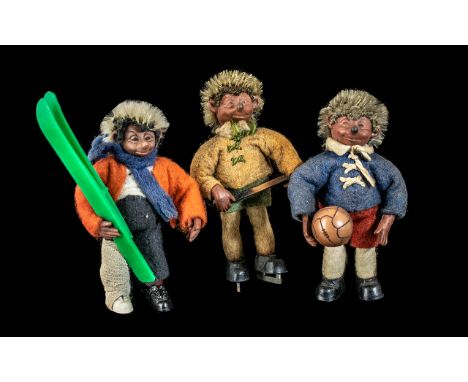 Steiff Vintage Miniature Mecki Hedgehog Friends, 3 sporting figures comprising footballer with ball, ice hockey player with s
