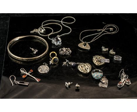 Small Collection of Silver Jewellery Items, comprising a Swarovski flower pendant on chain, a pair of stone set drop earrings