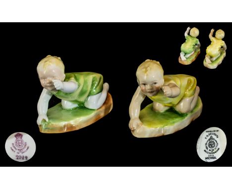 Royal Worcester - 1930's Pair of Small Hand Painted Early Figures. Comprises 1/ ' Michael ' Green Suit, RW2912. Modeller Fred