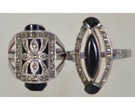 A pair of silver 925 and marcasite Art Deco style ladies dress rings both having jet stone lozenges with marcasite pattern wo