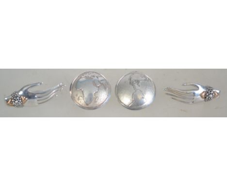 A pair of silver 925 Art Deco style earrings in the form of a pair of hands along with a pair of silver white metal shield ea