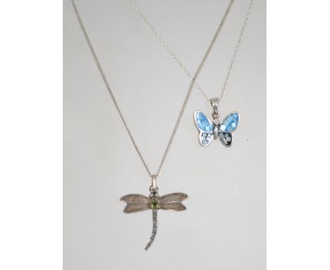 Two silver 925 necklace chains one being a rolo link chain with push hoop clasp having butterfly drop pendant with blue and b