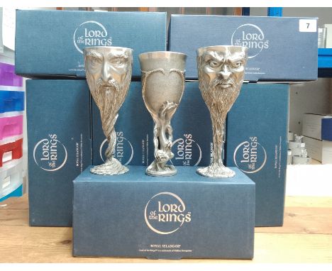 A "Smaug the Dragon" Royal Selangor chalice from the 'Lord of The Rings franchise' with 6 other chalices, boxed. (7)