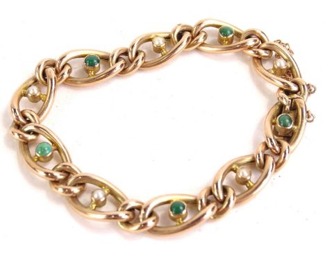 A bracelet, set with jade and seed pearl, on wide links, with safety chain, yellow metal stamped 9ct, 14.8g.