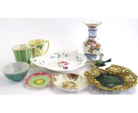 A collection of pottery and porcelain, to include a 19thC English porcelain dessert dish, painted with flowers, a Linthorpe p