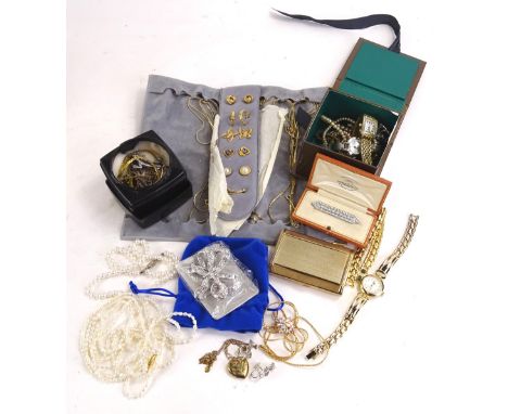 A quantity of gold plated and other jewellery, to include gold plated chains, earrings, lighter, wristwatch and matching brac