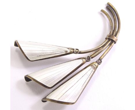 A Scandinavian enamel set brooch, marked Dalle 925S, in the form of three tulips, with white enamel decoration (AF), 7cm high