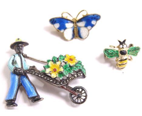 Two brooches, to include a silver and enamel Norwegian butterfly brooch, set with blue and white enamel, together with a bee 