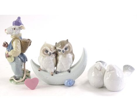 A collection of Nao figures, to include two owls in the moon, a hiking mouse, doves etc. 