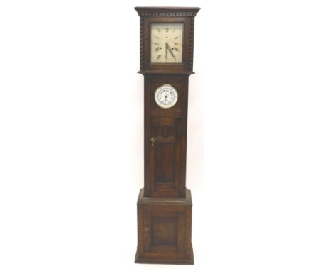 A 1920s oak longcase clock, with Art Deco style rectangular dial above aneroid barometer stamped John Barker & Co Kensington,