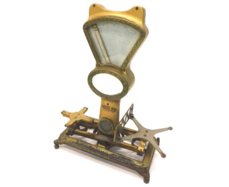 A set of Pooley gold painted shop scales and various weights, to include four bell weights.