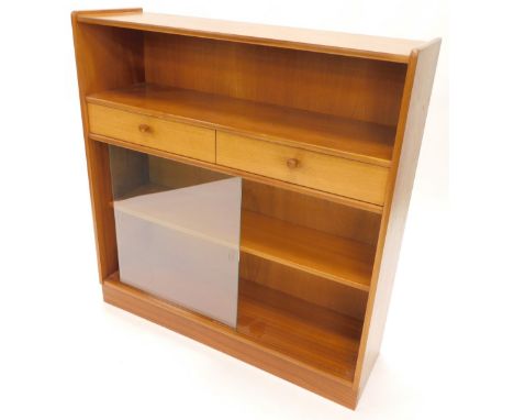 A Nathan teak retro side cabinet, with two drawers and two glass sliding drawers enclosing shelf 102cm W.