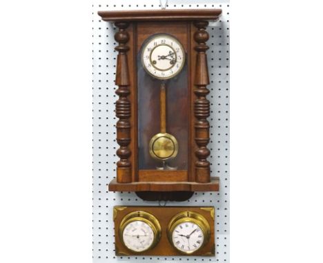 A Japanese Vienna type wall clock, in stained beech case, the enamel dial with Roman numerals, 67cm high, and an Estyma barom