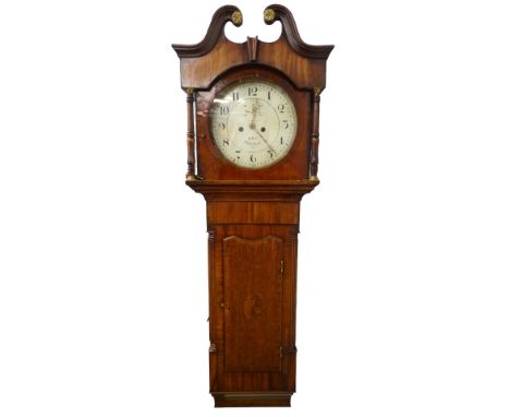 An early 19thC mahogany and oak longcase wall clock, the circular dial signed R. Holt Newark, with eight day striking movemen