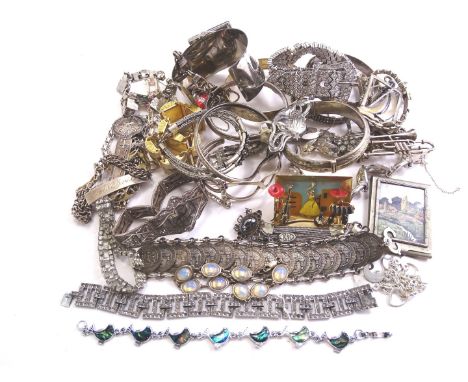 A quantity of various silver and silver plated jewellery, to include silver coin bracelet, silver style bracelet, Art Nouveau