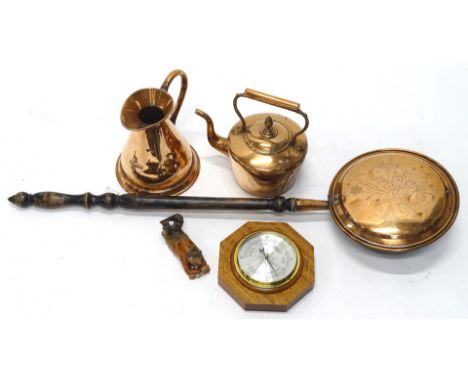 A collection of metalware etc., to include a copper gallon flagon, a copper kettle, warming pan, a Comitti barometer etc.