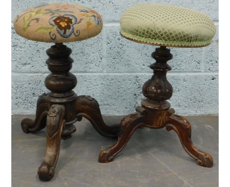 Two similar Victorian mahogany adjustable piano stools, each with a padded seat, part turned column and tripod base. (AF)