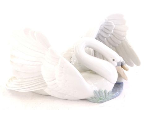 A Nao porcelain figure group, modelled in the form a swan sheltering its cygnet, 31cm wide with original box.