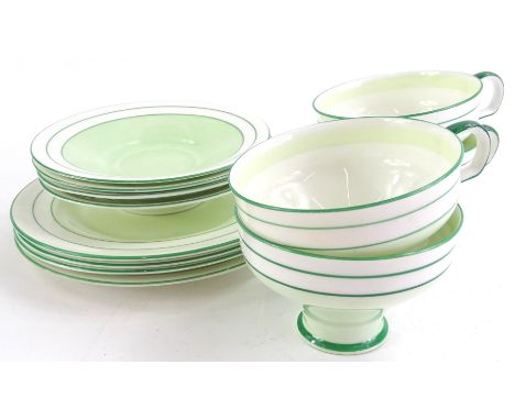 A Royal Doulton Art Deco part tea service, decorated in pale and dark green, with bands, pattern number H4170