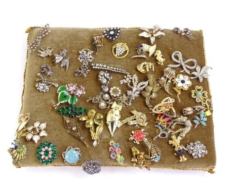 Various costume jewellery brooches, to include paste stone set floral brooches, animal brooches, clown brooch, enamel set flo