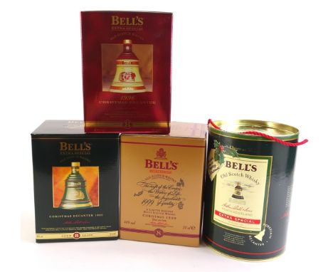 Four Bells whisky decanters, for Christmas 1996, 1995, 1999 & 1988