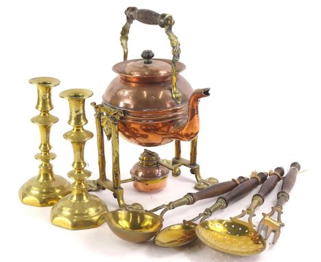 A collection of metal ware, etc., to include an Art Nouveau style brass and copper kettle on stand, various spoons with turne