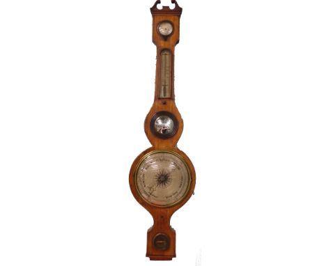 A mid 19thC mahogany boxwood and ebony strung wheel barometer, with silvered dials etc., stamped Boss Louth, 99cm high