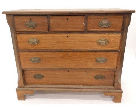 A 19thC mahogany chest of drawers, the rectangular top with a crossbanded border above three short and three long drawers wit