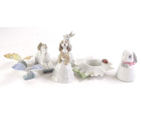 A collection of Nao porcelain pieces, to include two butterflies, rocking type horse, rabbit, bell etc. (1 boxed)