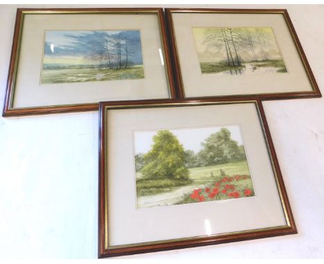 R. A. Massey. Flooded field, and peaceful backwater, watercolours, etc, 23cm x 5cm (3). 