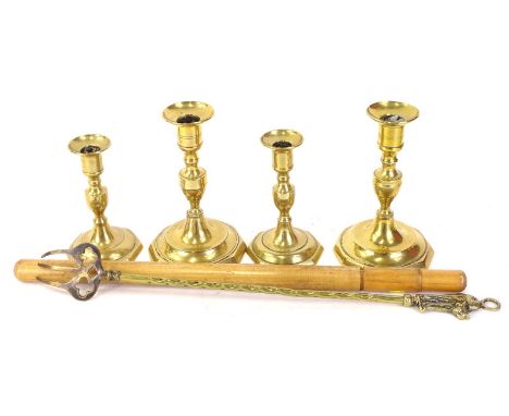 A collection of metalware etc., to include brass candlesticks, and a thermometer in a fitted case
